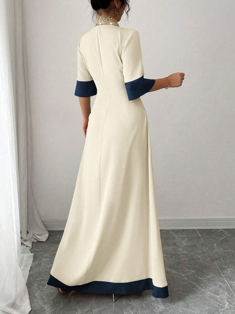 Selianne تنورة منقوشة بطباعة زهرية على الخصر مع طيات، تصميم خطوط A، فستان بتقسيمات لونية عند الياقة العالية، صيفي - متعدد الألوان - مشاهدة 2