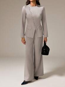 SHEIN Tall Bộ đồ nữ thanh lịch, đa năng, phù hợp đi làm hàng ngày, thời trang đường phố, áo blazer tay dài cài cúc eo bất đối xứng và quần dài cạp cao màu xám kaki, 2 mảnh. - Xám - Xem 7