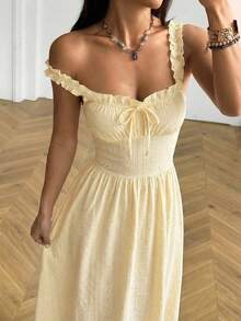SHEIN EZwear 夏日波西米亚风度假黄色褶皱胸连衣裙 - 鵝黃色 - 查看 3