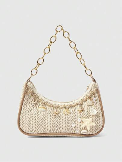 ROMWE Fairycore 一套花卉钩编沙滩手提包和配饰，时尚个性化沙滩度假风贝壳蕾丝女士斜挎包