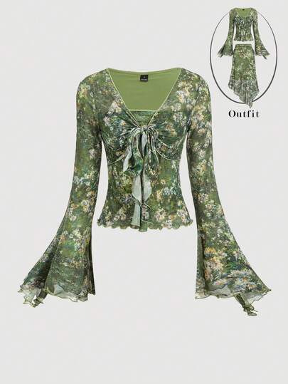 SHEIN MOD 女士复古浪漫优雅系带衬衫，可爱公主风T恤，海盗主题上衣，复古印花宽松衬衫，度假装，沙滩休闲衬衫，绿色花卉图案，前系带，超大喇叭袖