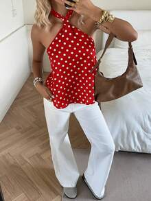 SHEIN EZwear Áo kiểu nữ thời trang Y2K cổ yếm chấm bi - Đỏ - Xem 6