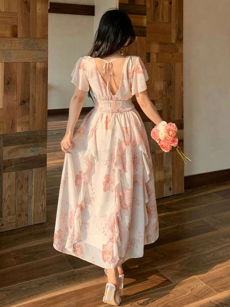 Women's Elegant Floral Shirred Ruffle Hem Mid-Length Dress, Summer Wedding Guest Dress Sundress Boho