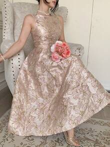 DAZY 女士优雅印花无袖中长连衣裙，夏季婚礼宾客礼服 - 粉色 - 查看 6