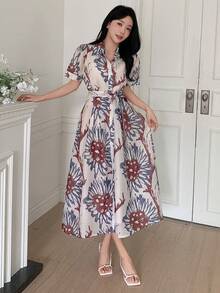 DAZY 女士优雅印花系带中长连衣裙，春夏婚礼宾客礼服 - 紫色 - 查看 3