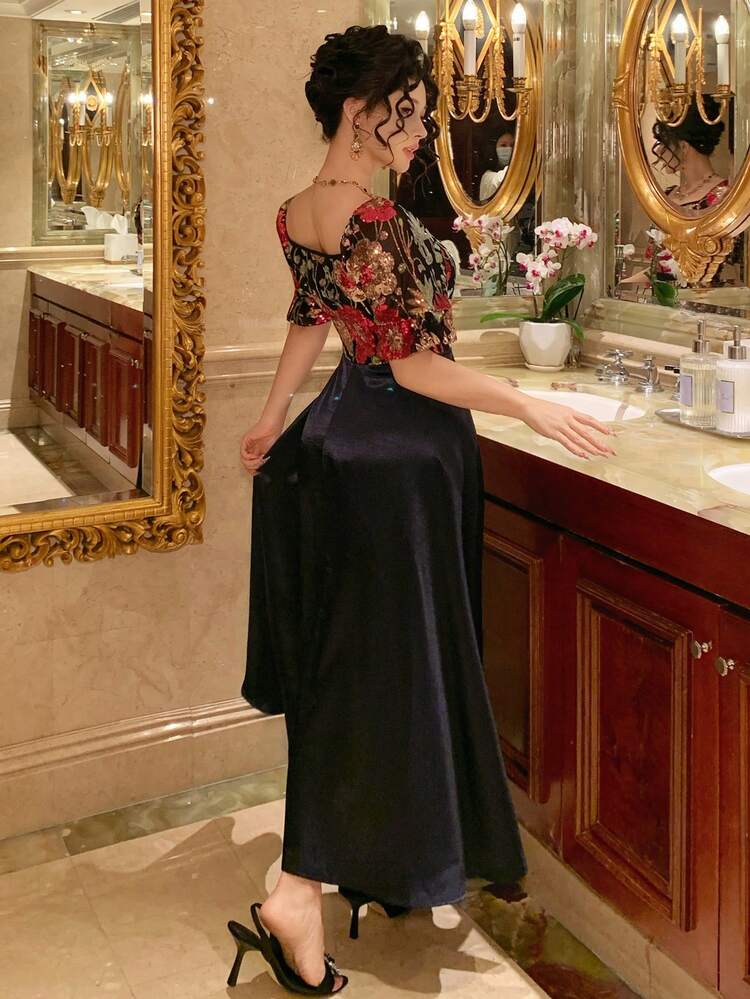 Women's Elegant Sequin Floral Colorblock Ruffle Hem Mid-Length Dress, Summer Wedding Guest Dress Sundress