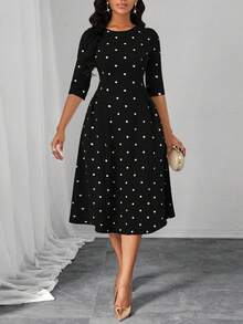 SHEIN Lady 女士波点圆领休闲收腰中长派对连衣裙 - Pearl White - 查看 7