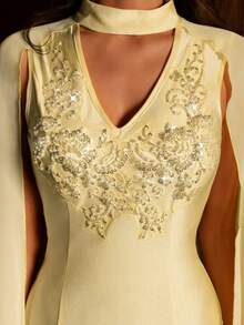 Modelyn Fashionable Deep V-Neck Asymmetric Patchwork Flowy Sleeve Rhinestone Embellished Fitted Dress - Yellow - View 8