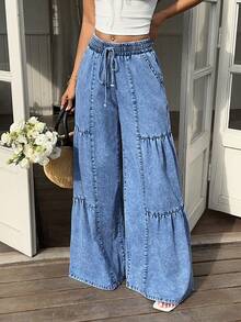 Sunnyshic Quần jeans nữ thường ngày cạp chun màu trơn - Màu xanh lam - Xem 4