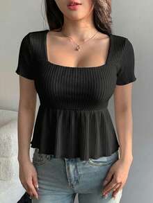 DAZY 女士夏季方领纹理面料A字下摆短袖休闲性感T恤娃娃衫 - 黑色 - 查看 2