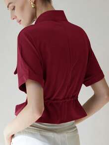 Aveloria Modichic Fashionable Short Utility Shirt, With Two Symmetrical Chest Pockets, Cinched Waist Design, Overall Neat And Practical - Red Violet - View 2