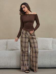 HautHeat Women's Solid Color Minimalist Daily Long Sleeve Top & Plaid Pants Pajama Set - Coffee Brown - View 4