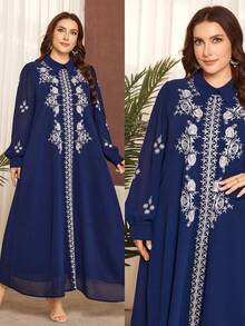 Lacomfia Đầm cỡ lớn màu xanh hải quân thêu họa tiết cổ điển, đầm dài tay dáng rộng bằng vải chiffon màu trắng có cổ áo thêu họa tiết. - Màu xanh hải quân - Xem 1