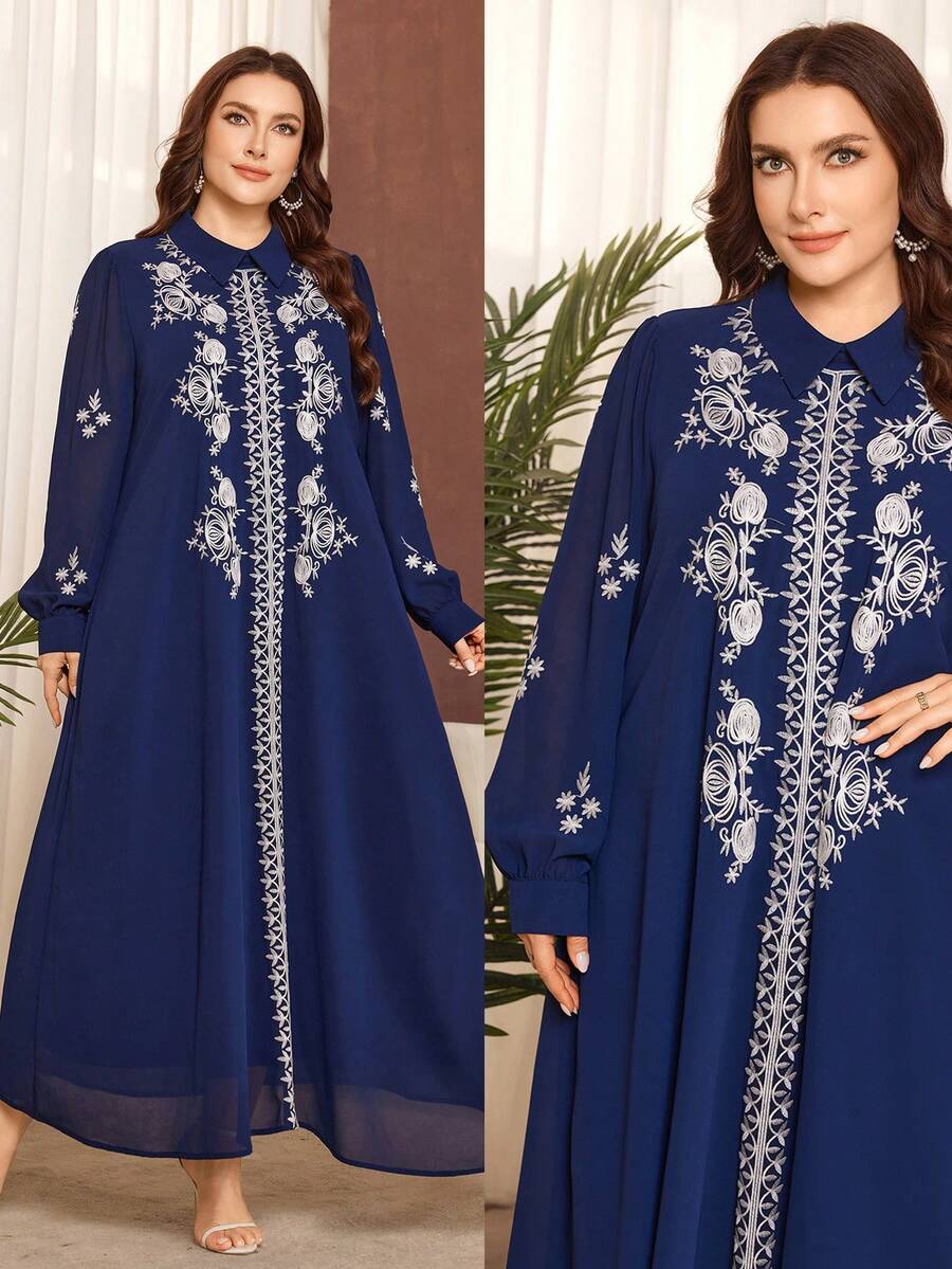 Lacomfia Đầm cỡ lớn màu xanh hải quân thêu họa tiết cổ điển, đầm dài tay dáng rộng bằng vải chiffon màu trắng có cổ áo thêu họa tiết. - Màu xanh hải quân - Xem 1