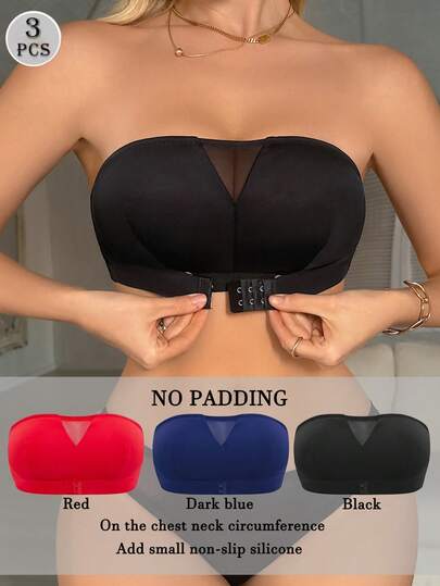 3pcs/Set Minimalist Comfortable Mesh Patchwork Strapless Bras
