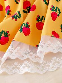 女童碎花长袖褶皱腰身彼得潘领连衣裙，中东风格，夏季时尚可爱公主裙 - 黃色 - 查看 3