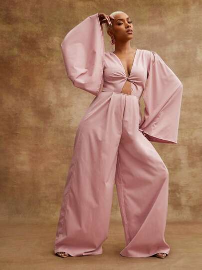 Vixey V Neck Wide Long Sleeve Cut Out Wide Leg Jumpsuit