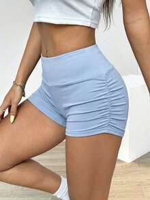 SHEIN EZwear Quần short thể thao/yoga xếp ly cỡ lớn, màu trơn, quần short màu xanh nhạt đa năng cho mùa xuân/hè, quần short cạp cao dành cho nữ. - Màu xanh nhạt - Xem 4