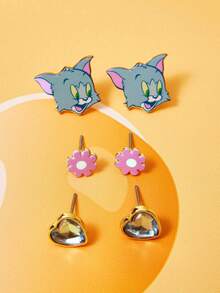 TOM & JERRY X SHEIN 一套锌合金卡通图案印花水滴耳环，简约可爱，适合派对、音乐会、节日等场合佩戴。 - 金色 - 查看 1