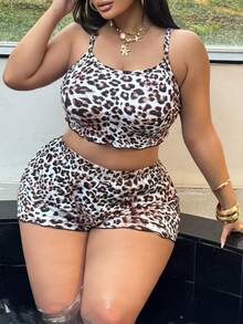 Swim SXY Costume da bagno bikini da donna taglie forti, 2 pezzi, con stampa leopardata, spalline sottili, sexy, adatto per vacanze al mare - Multicolore - Visualizzare 3