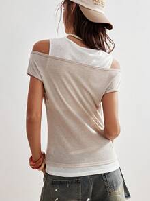 Bohemela Women's Casual Off-Shoulder Knit T-Shirt - Apricot - View 9