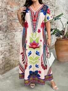 EMERY ROSE Plus Size Women's Printed Round Neck Short Sleeve Dress, Elegant And Suitable For Everyday Wear - Multicolor - View 4