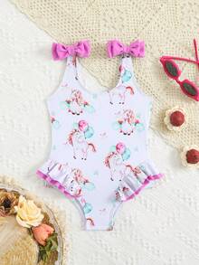 Baby Girls' Swimwear, Cute Cherry Pattern, Knitted Fabric, Double Bow Shoulder Straps, Flounced Legs, One-Piece Swimsuit, Fashion Casual Elegant Lady, Suitable For Swimming, Vacation, Summer - Pink - View 1