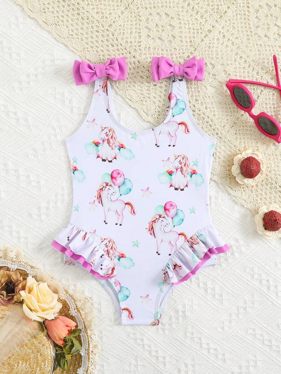 Baby Girls' Swimwear, Cute Cherry Pattern, Knitted Fabric, Double Bow Shoulder Straps, Flounced Legs, One-Piece Swimsuit, Fashion Casual Elegant Lady, Suitable For Swimming, Vacation, Summer - Pink - View 1