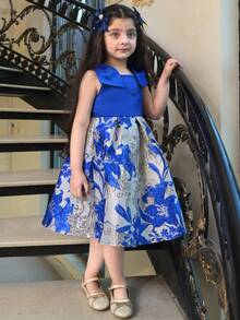 Young Girl Elegant Bow-Knot Jacquard Fabric Mid-Length Dress Young Girl - Multicolor - View 1