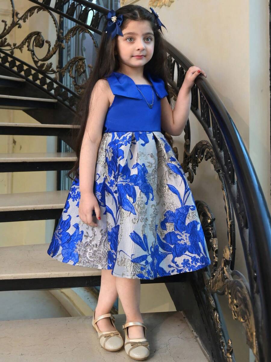Young Girl Elegant Bow-Knot Jacquard Fabric Mid-Length Dress Young Girl - Multicolor - View 1