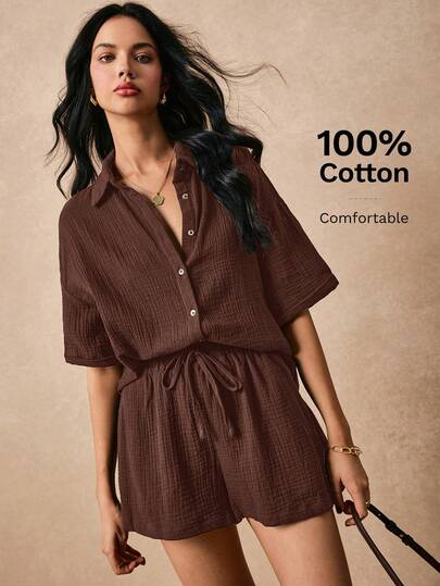 Poéselle Women's Summer Two Pieces Outfits, Two Pieces Beach Set, 100% Cotton Textured Fabric, Cuffed Sleeves, Shorts With Side Pockets, Suitable For Vacation, Relaxed Loose Shirt Set,Wedding Season Women Rompersrompers For Womenplaysuit Womenromper Women 100 Percent Cotton Clothing Women Cotton Blouses Button Down Dress For Women Short Sets For Women Vacation Brown Shirts For Women