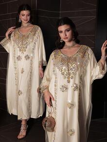 Al Najma Đầm cánh dơi cổ chữ V đính cườm, ren hoa sang trọng, thanh lịch, thích hợp cho mùa xuân/hè. - Rượu sâm banh - Xem 5