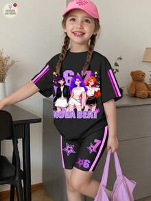 两件套少女休闲时尚彩色韩流女团字母星星印花套装，个性化酷炫数字67图案，趣味六七图案，韩流风格印花服装，彩色卡通人物两件套，时尚黑色，韩流粉丝礼物，学院风运动衫风格时尚女童装，姐妹装，适合度假、派对、日常穿着、演唱会等场合，圆领短袖短裤两件套夏季必备 - 彩色 - 查看 1