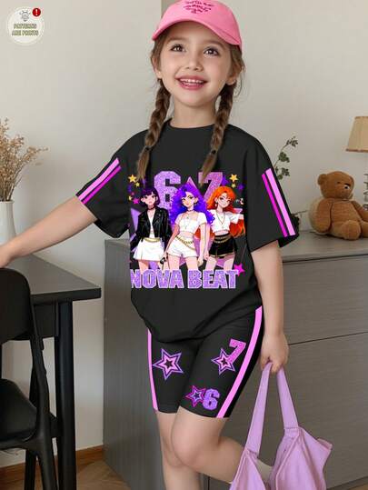 Set de 2 piezas de ropa casual y chic para niña joven con estampados de letra y estrella de grupo de chicas K-POP, patrón personalizado de dígito 67, estampado divertido de Six&Seven, estilo KPOP, set de 2 piezas con personajes de dibujos animados coloridos, conjunto a juego de estilo jersey universitario, adecuado para vacaciones, fiestas, uso diario, conciertos, conjunto de camiseta de manga corta y pantalones cortos