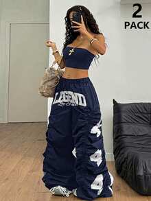 Coolane Women's Summer Streetwear Ricing Athleisure Number Pattern Slim Fit Crop Tube Top And Wide Leg Joggers Two Pieces Outfits - Navy Blue - View 1