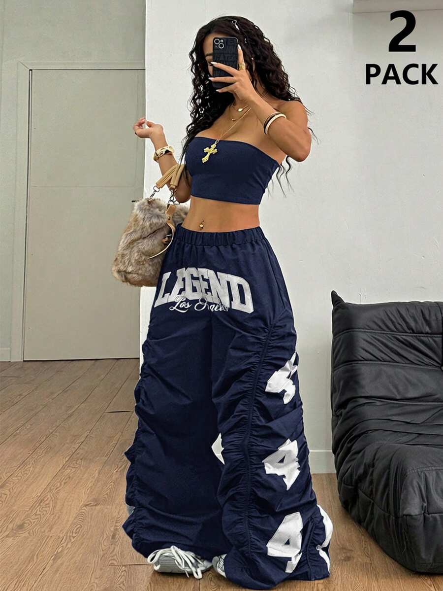 Coolane Women's Summer Streetwear Ricing Athleisure Number Pattern Slim Fit Crop Tube Top And Wide Leg Joggers Two Pieces Outfits - Navy Blue - View 1