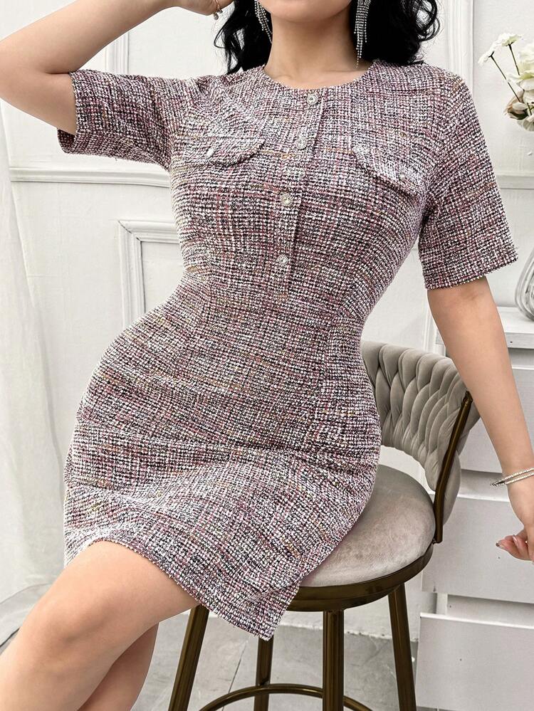 Women's Elegant Round Neck Textured Faux Pocket Midi Dress, Summer Wedding Guest Dress Sundress