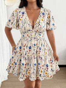 Vionelle Plus Size Women Vacation Chiffon Floral Print Ruffle Sleeve Hem Dress - Multicolor - View 6