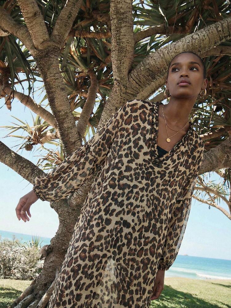 SHEIN Maija Women's Leopard Print Frill V-Neck Lantern Sleeve Coverup Dress, Vacation