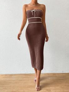 Pariaura Women's Autumn/Winter Strapless Knit Sexy Dress, High-Quality Vacation Style Long Dress - Coffee Brown - View 6