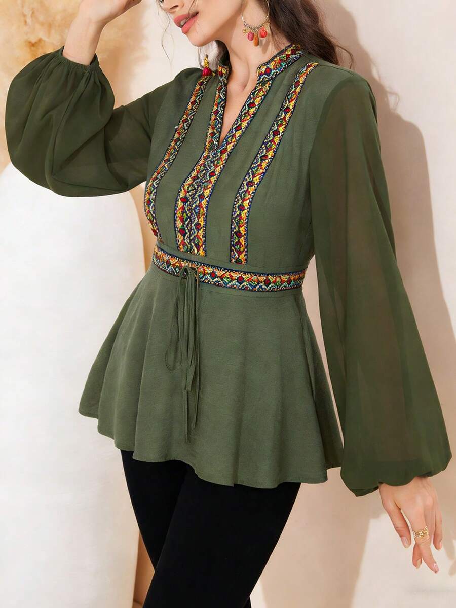 Rafferiza Women's Color Block Ribbon Patchwork Military Green Shirt, Chiffon Sleeve Patchwork, Elegant For Middle Eastern Festivals And Commuting - Army Green - View 1