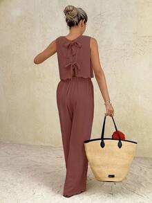 SHEIN Frenchy Bộ đồ nữ mùa hè kiểu dáng thường ngày, màu trơn, buộc dây phía sau, gồm áo tank top và quần. - Gỗ đỏ - Xem 5