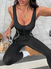 Dewbera Women's V-Neck Zipper Front Contrast Stripe Splicing Backless Jumpsuit, Suitable For Daily Casual Wear, Running, Yoga, Gym, Tennis, Golf, Spring/Autumn - Black - View 6
