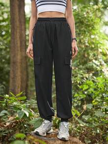 In My Nature 女士弹力腰带抽绳宽松口袋休闲百搭户外裤 - 黑色 - 查看 4