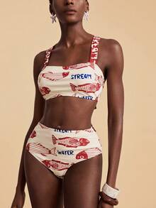 Travachic 女士时尚印花交叉露背比基尼套装，夏季 - 彩色 - 查看 3