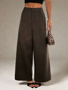 SHEIN PETITE Women's Plain Brown Wide Leg Zipper Closure Long Pants In Casual Woven Fabric - Brown - View 6