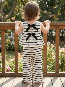 Cozy Pixies 2件套女婴撞色蝴蝶结圆领无袖上衣和松紧腰裤套装 - 彩色 - 查看 1