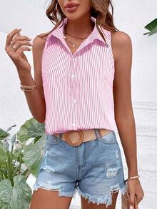 EMERY ROSE Áo sơ mi kẻ sọc không tay thường ngày mùa hè dành cho nữ - Hồng - Xem 4