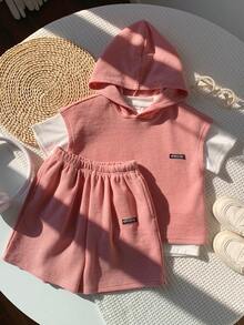 3pcs Kids Boys Casual Versatile Comfortable Textured Fabric Letter Print Hooded Loose Pullover Short Sleeve T-Shirt And Shorts 3-Piece Set, Suitable For Spring, Summer, Autumn, Winter, Daily Wear, Sports, Outings, School, Gatherings, Holidays, Photoshoots, Back To School Season - Dusty Pink - View 5