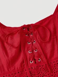 SHEIN MOD 红色泡泡袖露腰镂空花卉蕾丝中长连衣裙 - 紅色 - 查看 5